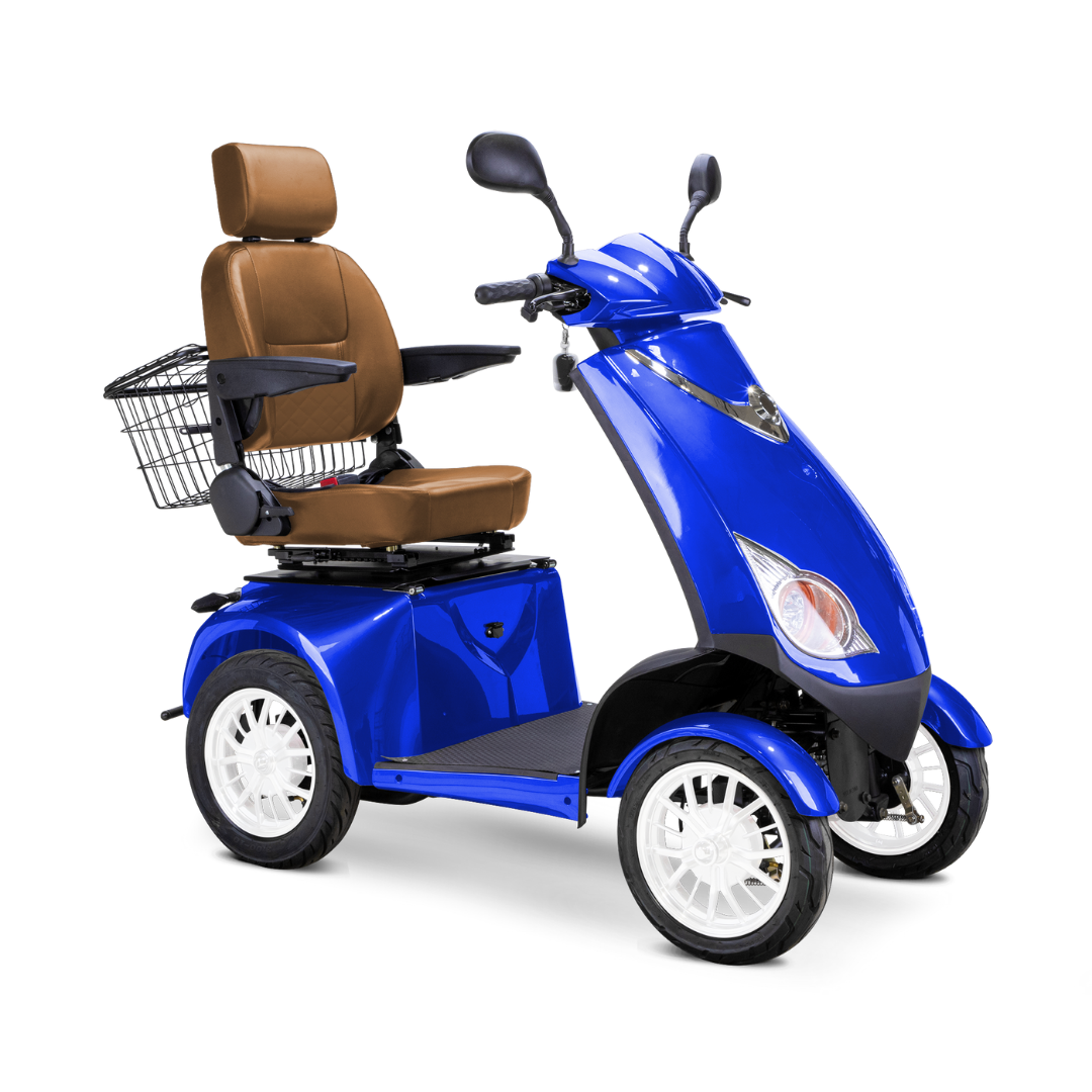 The Bespoke Platinum Recreational 4-Wheel Scooter with Electric Brake Assist in blue features a high-performance motor, brown cushioned seat with armrests, rear metal basket, and handlebars for steering, shown on a white background.